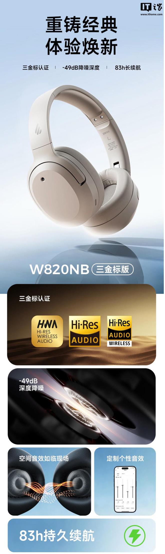 B 三金标版”头戴式蓝牙耳机369 元k8凯发一触即发漫步者推出“W820N(图3)